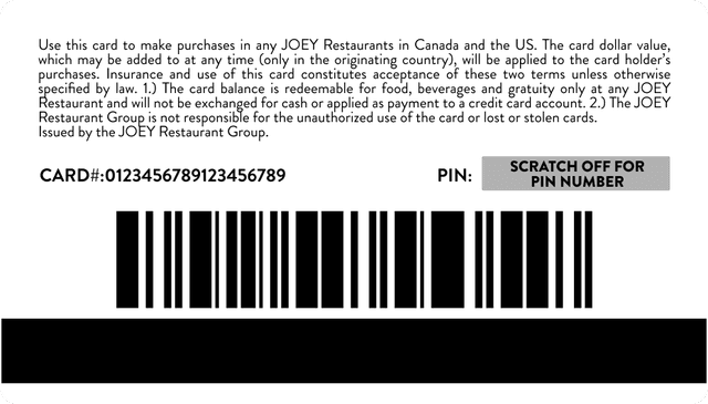 Back of JOEY restaurants gift card